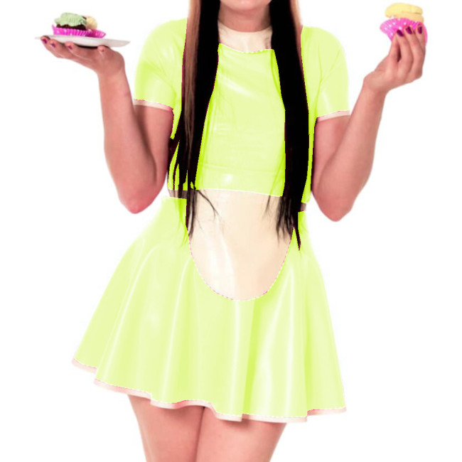 Sissy Dress Maid Costumes Wet Look PVC Round Neck A line Dress Vintage Short Puff Sleeve Sexi Night Mini Dress Hot Cosplay S-7XL