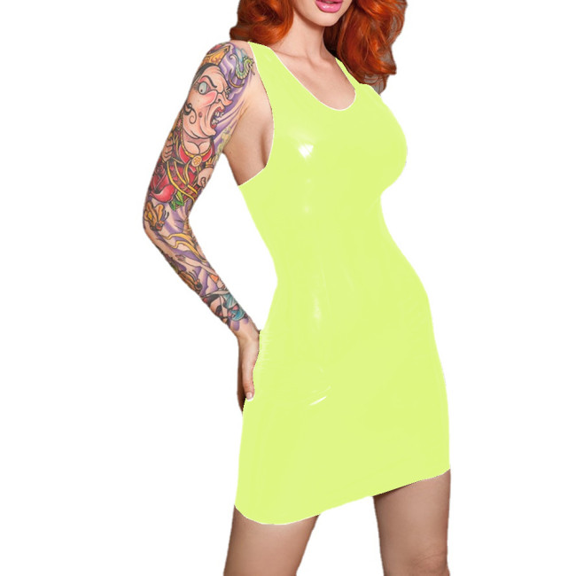 Glossy PVC Leather Women Tank Hobble Sleeveless Back Bowknot Strap Mini Dress Skinny Pencil Dress Party Clubwear Robe Femme 7XL