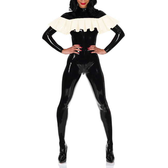 Sexy PVC Wetlook Full Sleeve Jumpsuits Slim Fit Ruffles Decor Catsuits Zipper Crotch Jump Suits for Women Outfits Party Clubwear