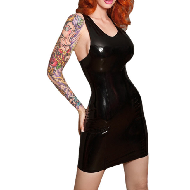 Glossy PVC Leather Women Tank Hobble Sleeveless Back Bowknot Strap Mini Dress Skinny Pencil Dress Party Clubwear Robe Femme 7XL