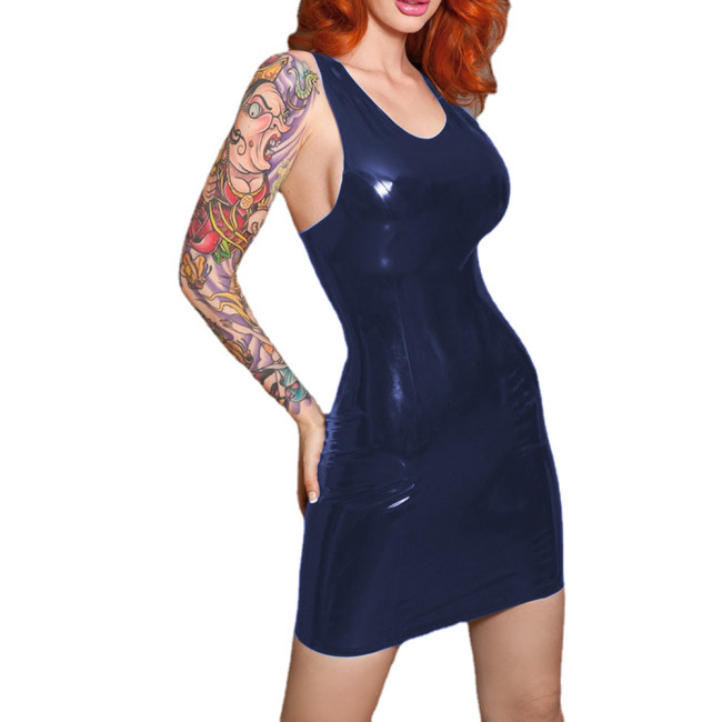 Glossy PVC Leather Women Tank Hobble Sleeveless Back Bowknot Strap Mini Dress Skinny Pencil Dress Party Clubwear Robe Femme 7XL
