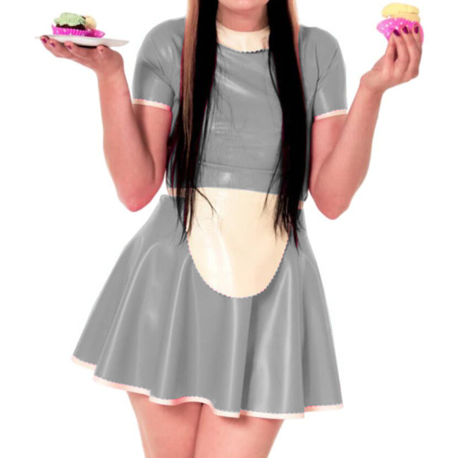 Sissy Dress Maid Costumes Wet Look PVC Round Neck A line Dress Vintage Short Puff Sleeve Sexi Night Mini Dress Hot Cosplay S-7XL