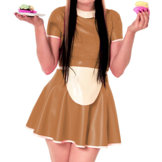 Sissy Dress Maid Costumes Wet Look PVC Round Neck A line Dress Vintage Short Puff Sleeve Sexi Night Mini Dress Hot Cosplay S-7XL