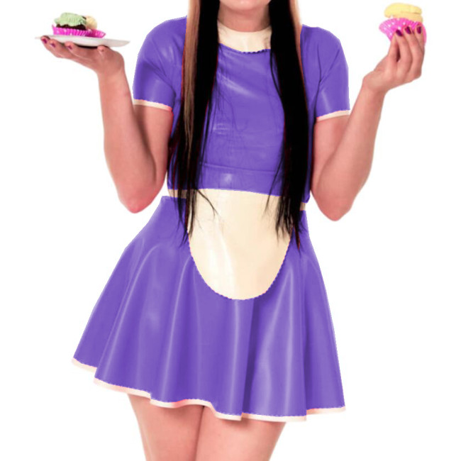 Sissy Dress Maid Costumes Wet Look PVC Round Neck A line Dress Vintage Short Puff Sleeve Sexi Night Mini Dress Hot Cosplay S-7XL