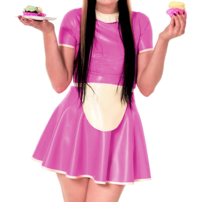 Sissy Dress Maid Costumes Wet Look PVC Round Neck A line Dress Vintage Short Puff Sleeve Sexi Night Mini Dress Hot Cosplay S-7XL