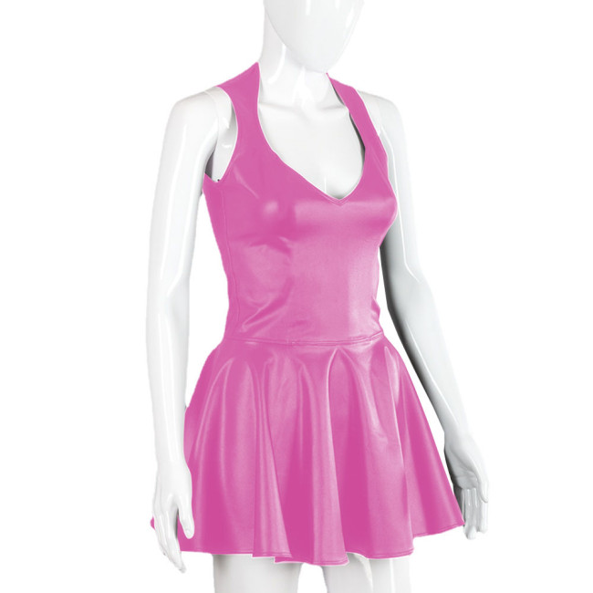 Party PU Fit and Flare Mini Dress Sexy V-neck Sleeveless Faux Leather Short Pleated Skirt Dresses Female A-line Dress Clubwear