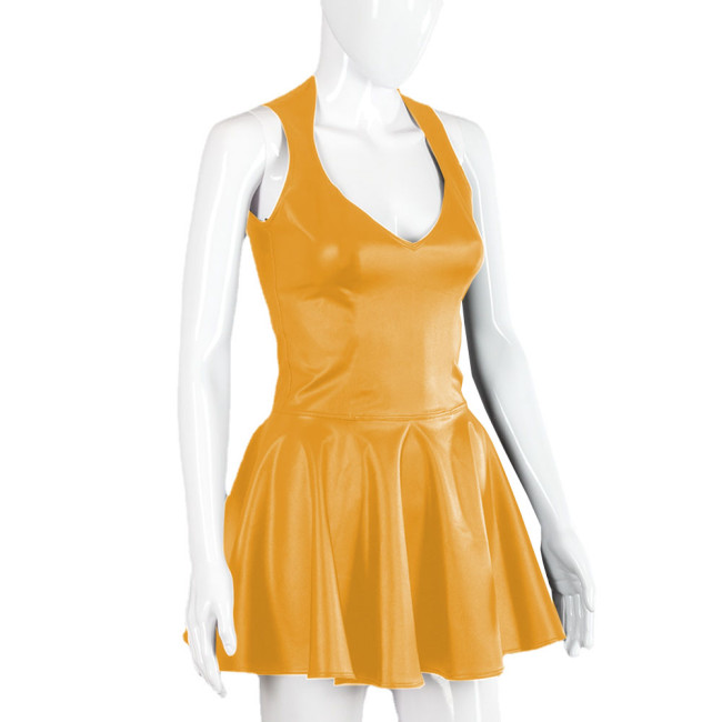Party PU Fit and Flare Mini Dress Sexy V-neck Sleeveless Faux Leather Short Pleated Skirt Dresses Female A-line Dress Clubwear