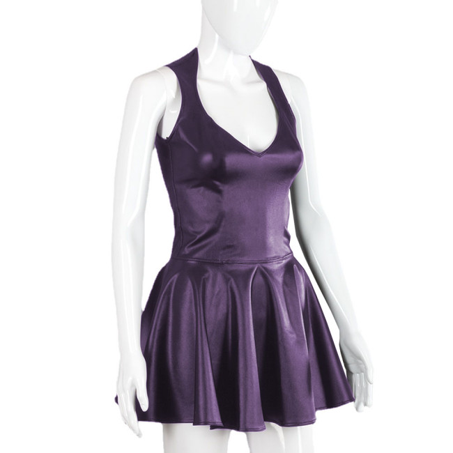 Party PU Fit and Flare Mini Dress Sexy V-neck Sleeveless Faux Leather Short Pleated Skirt Dresses Female A-line Dress Clubwear