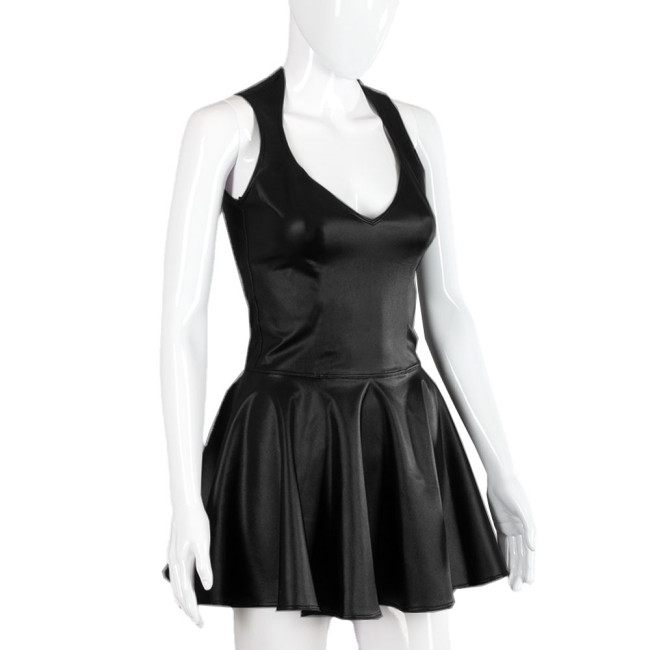 Party PU Fit and Flare Mini Dress Sexy V-neck Sleeveless Faux Leather Short Pleated Skirt Dresses Female A-line Dress Clubwear