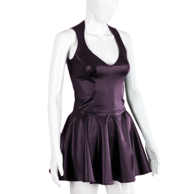 Party PU Fit and Flare Mini Dress Sexy V-neck Sleeveless Faux Leather Short Pleated Skirt Dresses Female A-line Dress Clubwear