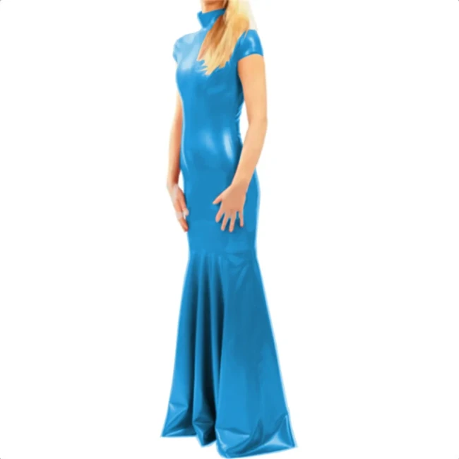 Wetlook PVC Sexy Short Sleeve Bodycon Floor-length Dress Elegant Fit and Flare Long Mermaid Dress Cocktail Party Prom Gown Dress