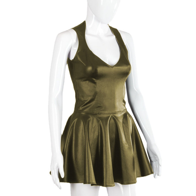 Party PU Fit and Flare Mini Dress Sexy V-neck Sleeveless Faux Leather Short Pleated Skirt Dresses Female A-line Dress Clubwear