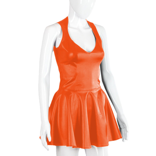 Party PU Fit and Flare Mini Dress Sexy V-neck Sleeveless Faux Leather Short Pleated Skirt Dresses Female A-line Dress Clubwear