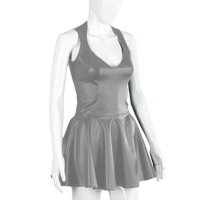 Party PU Fit and Flare Mini Dress Sexy V-neck Sleeveless Faux Leather Short Pleated Skirt Dresses Female A-line Dress Clubwear