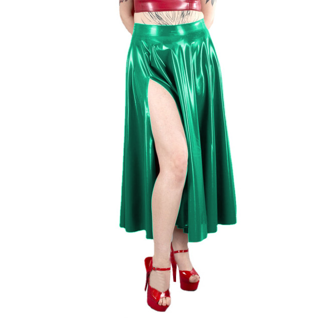 Sexy High Waist Women Side High Split A-line Skirts Wet Look PVC Leather Solid Midi Skirts Female Long Pleated Skirts Clubwear