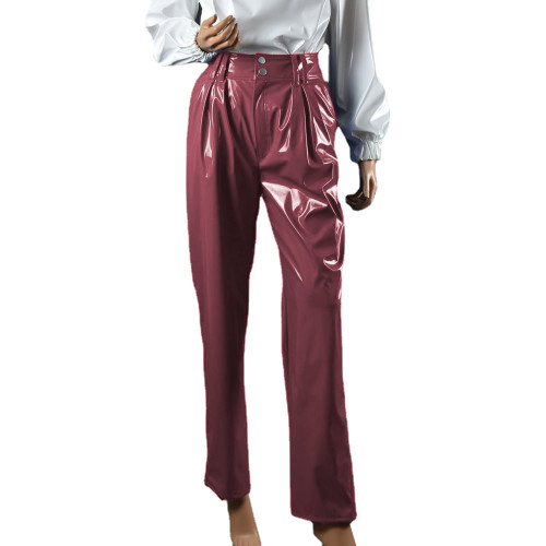 Womens High Waist Vinyl PVC Leather Pencil Pants Fashion Streetwear Office Lady Solid Color Straight Pants Wet Look Trousers