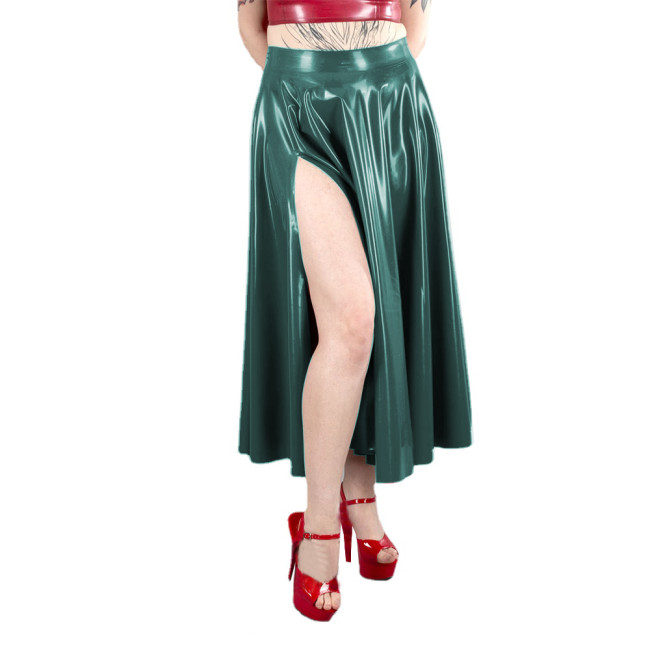 Sexy High Waist Women Side High Split A-line Skirts Wet Look PVC Leather Solid Midi Skirts Female Long Pleated Skirts Clubwear