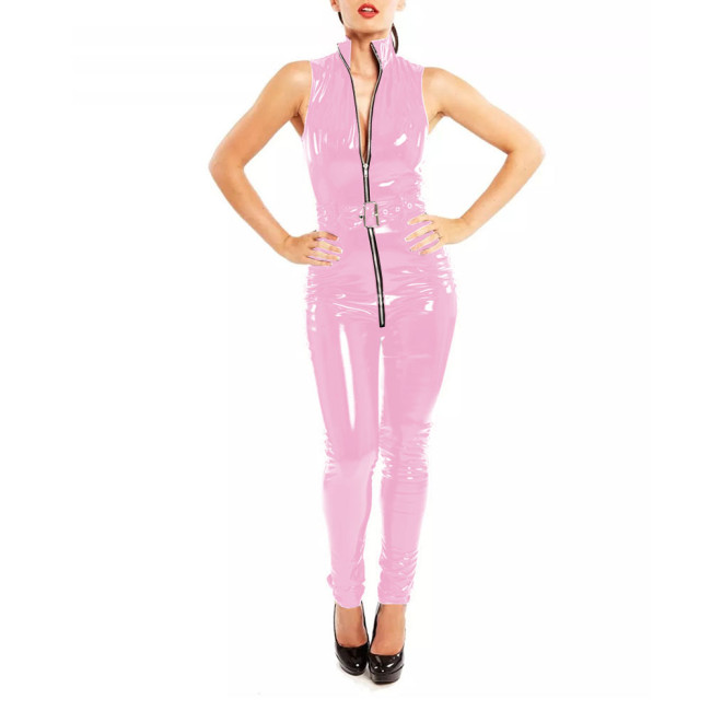 Glossy PVC Leather Sleeveless Bodycon Womens Jumpsuit Wet Look Zipper Stand Collar Belted Catsuit Sexy Fashion Rompers Clubwear