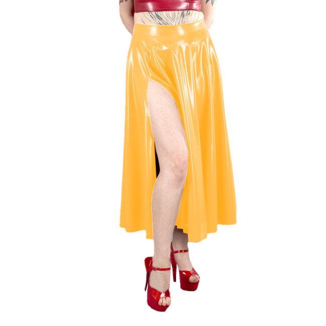 Sexy High Waist Women Side High Split A-line Skirts Wet Look PVC Leather Solid Midi Skirts Female Long Pleated Skirts Clubwear
