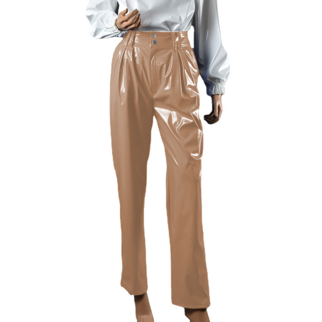 Womens High Waist Vinyl PVC Leather Pencil Pants Fashion Streetwear Office Lady Solid Color Straight Pants Wet Look Trousers