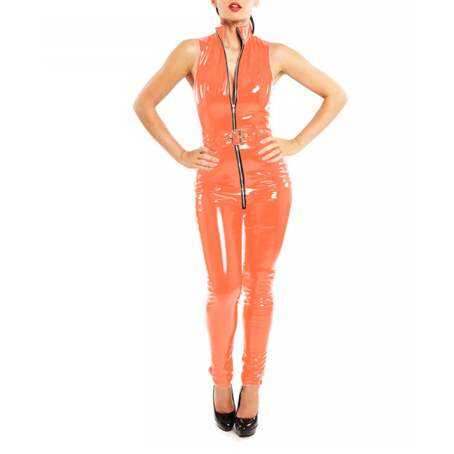 Glossy PVC Leather Sleeveless Bodycon Womens Jumpsuit Wet Look Zipper Stand Collar Belted Catsuit Sexy Fashion Rompers Clubwear