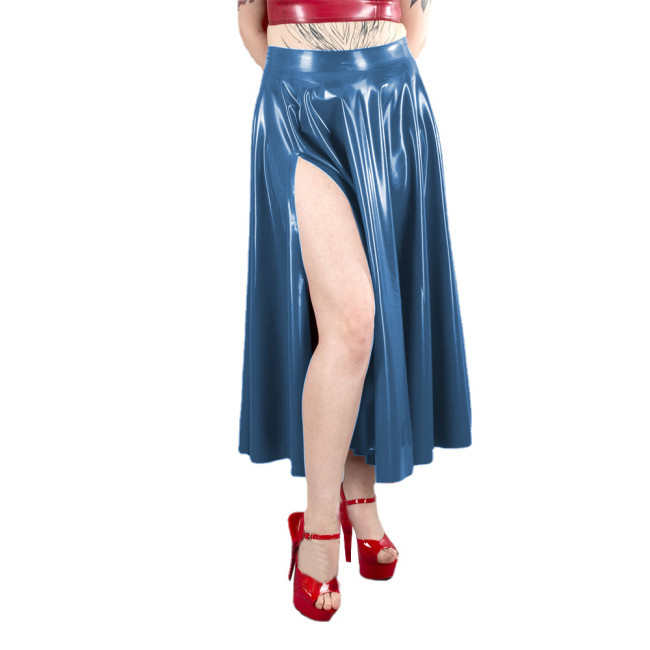 Sexy High Waist Women Side High Split A-line Skirts Wet Look PVC Leather Solid Midi Skirts Female Long Pleated Skirts Clubwear