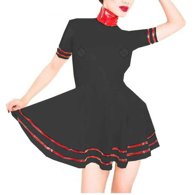 Sissy Patchwork Plastic PVC Turtleneck A-LINE Skater Mini Dress Perspective Short Sleeve Sexy Exotic Dresses Costumes Lingerie