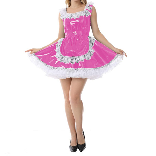 Sexy Women Wetlook Glossy PVC Patchwork White Lace Trims Round Neck Tank Maid Dress with Apron Cosplay Costumes Party Clubwear
