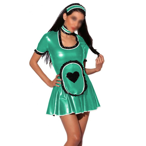 Wetlook PVC Sweet Lolita Square Neck Short Sleeve Mini Dress With Heart Apron Headband Neck Rings Suits Women Maid Dresses Costumes Sets