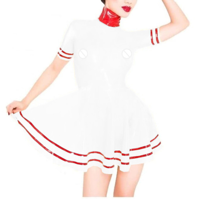 Sissy Patchwork Plastic PVC Turtleneck A-LINE Skater Mini Dress Perspective Short Sleeve Sexy Exotic Dresses Costumes Lingerie