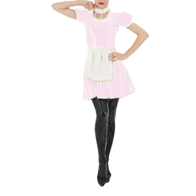 Women Sexy Lady Wet Look PVC Maid Short Puff Sleeve Mini Dress With Apron Neck Rings Party Club Outfits Vestido Evening