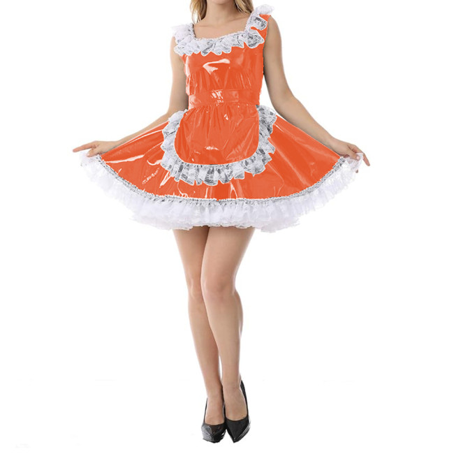 Sexy Women Wetlook Glossy PVC Patchwork White Lace Trims Round Neck Tank Maid Dress with Apron Cosplay Costumes Party Clubwear