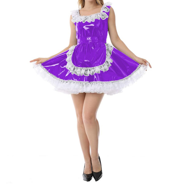 Sexy Women Wetlook Glossy PVC Patchwork White Lace Trims Round Neck Tank Maid Dress with Apron Cosplay Costumes Party Clubwear