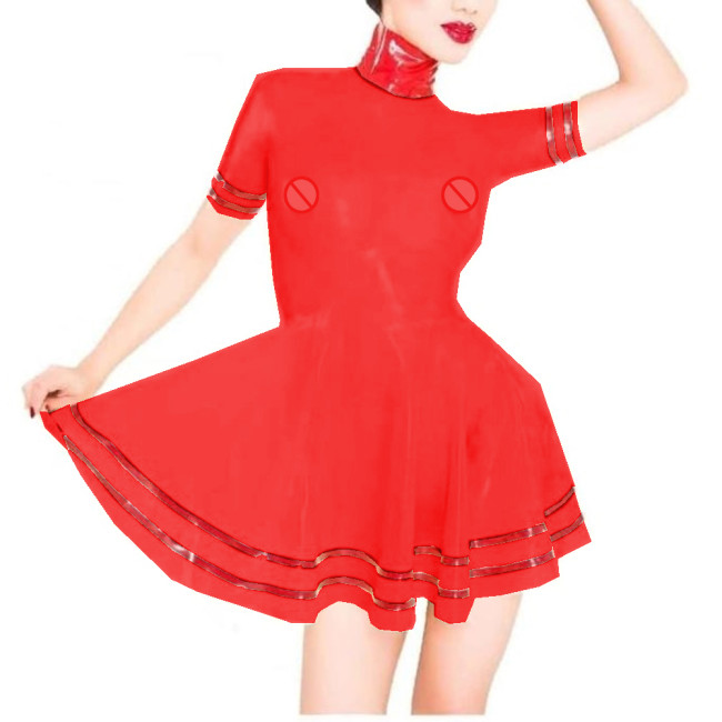 Sissy Patchwork Plastic PVC Turtleneck A-LINE Skater Mini Dress Perspective Short Sleeve Sexy Exotic Dresses Costumes Lingerie