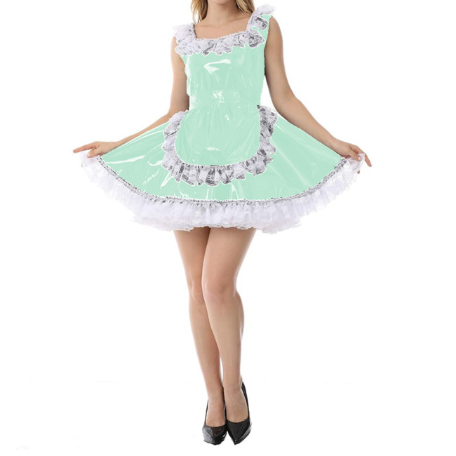Sexy Women Wetlook Glossy PVC Patchwork White Lace Trims Round Neck Tank Maid Dress with Apron Cosplay Costumes Party Clubwear