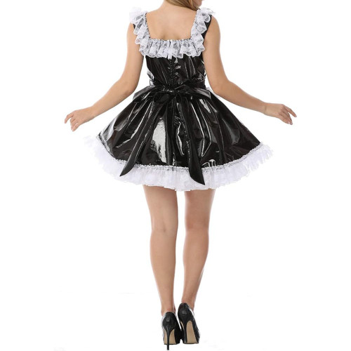 Sexy Women Wetlook Glossy PVC Patchwork White Lace Trims Round Neck Tank Maid Dress with Apron Cosplay Costumes Party Clubwear