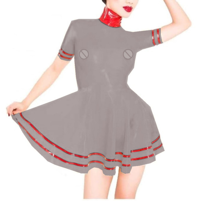 Sissy Patchwork Plastic PVC Turtleneck A-LINE Skater Mini Dress Perspective Short Sleeve Sexy Exotic Dresses Costumes Lingerie