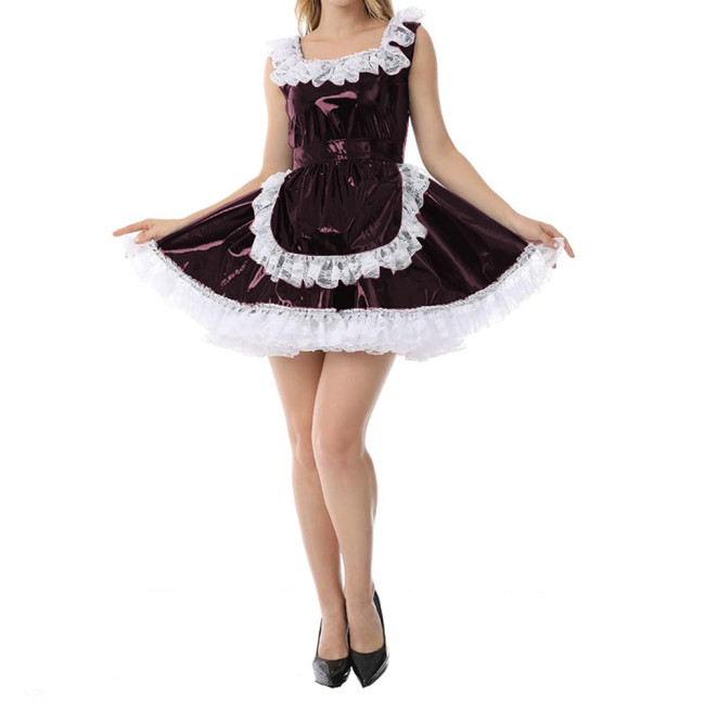 Sexy Women Wetlook Glossy PVC Patchwork White Lace Trims Round Neck Tank Maid Dress with Apron Cosplay Costumes Party Clubwear