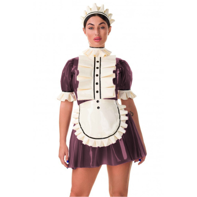 Short Sleeve High Neck Maid Dress Uniform Ruffles Wet Look PVC Patchwork Mini Dress With Apron Headband Party Club High Street