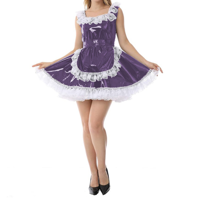 Sexy Women Wetlook Glossy PVC Patchwork White Lace Trims Round Neck Tank Maid Dress with Apron Cosplay Costumes Party Clubwear