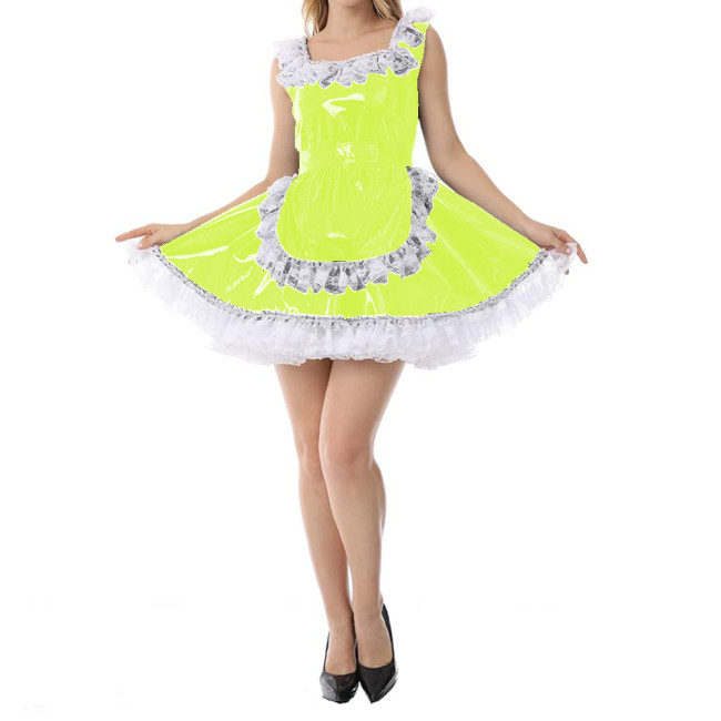Sexy Women Wetlook Glossy PVC Patchwork White Lace Trims Round Neck Tank Maid Dress with Apron Cosplay Costumes Party Clubwear