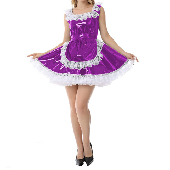 Sexy Women Wetlook Glossy PVC Patchwork White Lace Trims Round Neck Tank Maid Dress with Apron Cosplay Costumes Party Clubwear