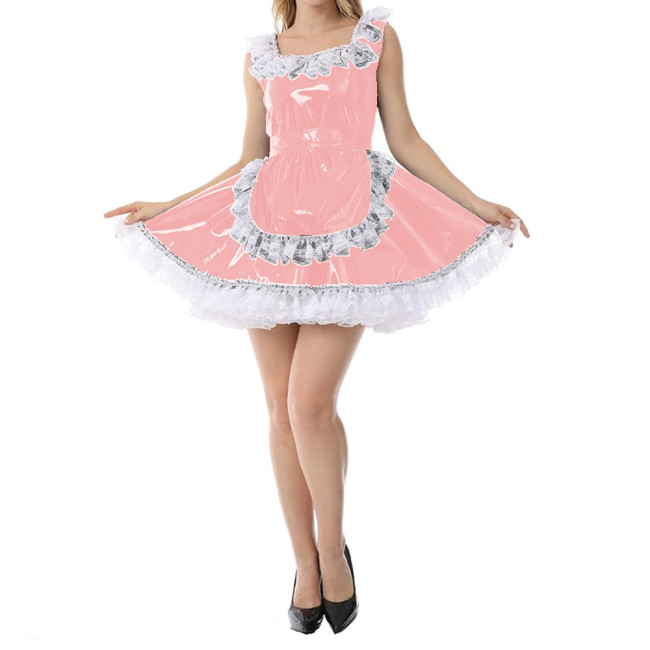 Sexy Women Wetlook Glossy PVC Patchwork White Lace Trims Round Neck Tank Maid Dress with Apron Cosplay Costumes Party Clubwear