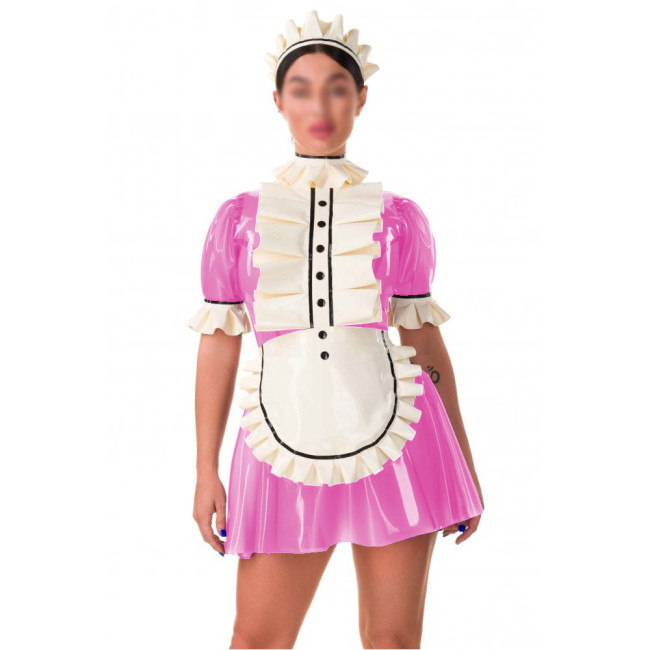 Short Sleeve High Neck Maid Dress Uniform Ruffles Wet Look PVC Patchwork Mini Dress With Apron Headband Party Club High Street