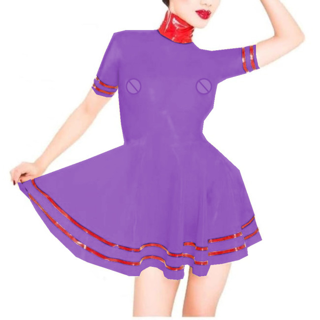 Sissy Patchwork Plastic PVC Turtleneck A-LINE Skater Mini Dress Perspective Short Sleeve Sexy Exotic Dresses Costumes Lingerie