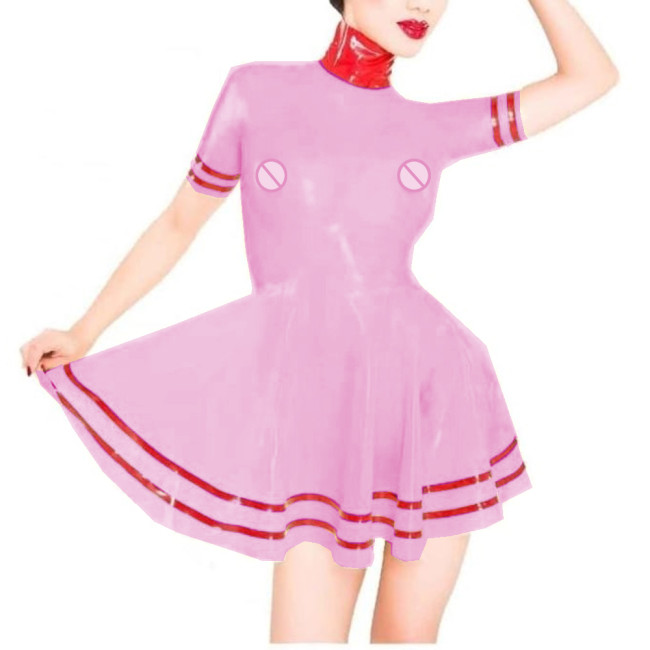 Sissy Patchwork Plastic PVC Turtleneck A-LINE Skater Mini Dress Perspective Short Sleeve Sexy Exotic Dresses Costumes Lingerie