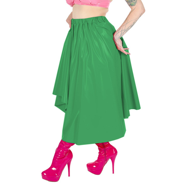 Party PVC Shiny Solid Color Loose A-line Skirt Female Elastic High Waist Midi Skirts High Street Glossy Faux Latex Pleated Skirt