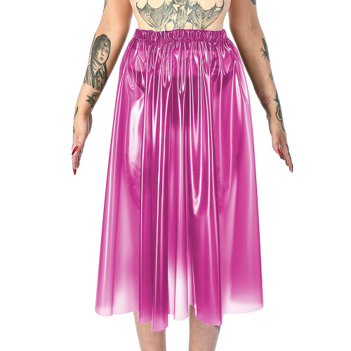 Exotic Sexy See Through Vinyl Plastic Midi Skirts Transparent PVC Solid A-line High Waist Elastic Waist Party Skirts Clubwear