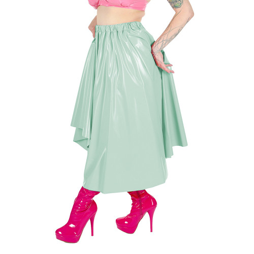 Party PVC Shiny Solid Color Loose A-line Skirt Female Elastic High Waist Midi Skirts High Street Glossy Faux Latex Pleated Skirt
