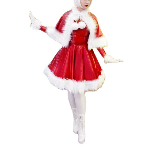 Women Christmas Fancy Party Dress Shiny PVC Turtleneck Long Sleeve A-line Dress with Cloak Female Santa Cape Suit Cosplay Outfit